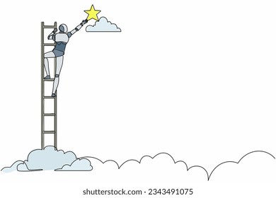 Continuous one line drawing robot standing on stairs and reaching star on the sky. Humanoid robot cybernetic organism. Future robotic development. Single line draw design vector graphic illustration