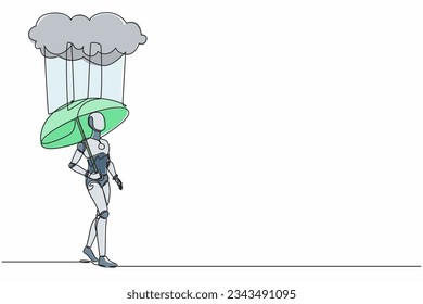 Continuous one line drawing robot with umbrella stand under rain cloud. Depression, passerby at rainy weather. Humanoid robot cybernetic organism. Single line draw design vector graphic illustration