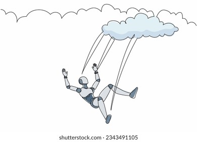 Continuous one line drawing robot falling from cloud and sky. Failure and defeat. Humanoid robot cybernetic organism. Future robotic development . Single line draw design vector graphic illustration