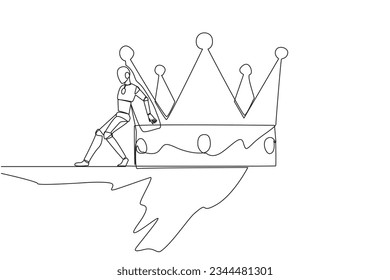 Continuous one line drawing robot pushes a large crown down on its back from the edge of the cliff. Throneless robot. Future technology development concept. Single line draw design vector illustration