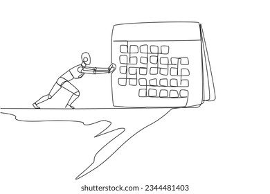 Continuous one line drawing robot pushes a giant desk calendar down from the edge of cliff. Many trials of robots fail every month. Future robotic. AI tech. Single line draw design vector illustration