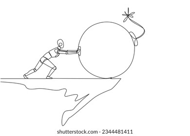 Un robot de dibujo continuo de una línea lanza una gran bomba con un fusible ardiente hacia abajo desde el borde del acantilado. Concepto de alejamiento del daño. Concepto tecnológico futuro. Ilustración vectorial de diseño de líneas simples