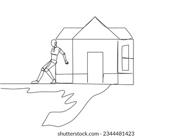 Continuous one line drawing robot pushes miniature house down with its back from the edge of the cliff. Robot training house. Future technology development. Single line draw design vector illustration