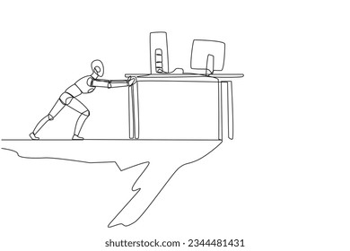 Continuous one line drawing robot pushes down a table containing a laptop and monitor from the edge of cliff. Robotic artificial intelligence. Future tech. Single line draw design vector illustration