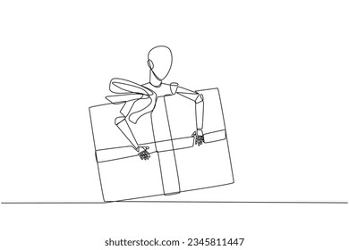 Continuous one line drawing robot hugging gift box. Gift delivery robots to homes. Artificial intelligence. Machine learning process. Future technology. Single line draw design vector illustration