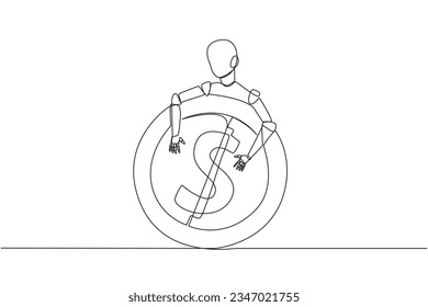 Continuous one line drawing robot hugging coin sign dollar. Insert coin into the back of the robot, then it will fulfill all your wishes. Future technology. Single line draw design vector illustration
