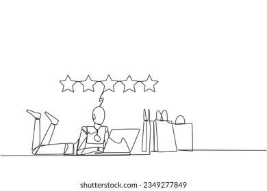 Continuous one line drawing robot on stomach while typing on laptop. Next to the laptop is a shopping bag. Give the best review with pleasure. Future tech. Single line draw design vector illustration