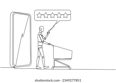 Continuous one line drawing robot walked out of large smartphone while pushing a shopping trolley. Five stars rating review. E commerce. Review to seller. AI tech. Single line draw vector illustration