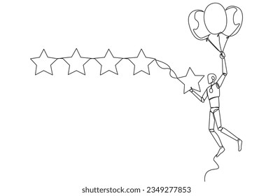Continuous one line drawing robot artificial intelligence flying with  balloon carry 1 star and wants to align it with the other 4 stars. Trying to give perfect rating. Single line draw design vector