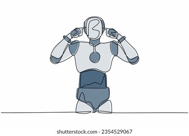 Continuous one line drawing robot standing with covering ears with fingers and annoyed expression for noise of loud sound or music. Humanoid robot organism. Single line draw design vector illustration