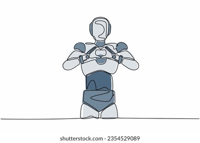 Continuous one line drawing robot standing and making love sign  heart symbol in front chest  Humanoid cybernetic organism  Future robotic development  Single line draw design vector illustration