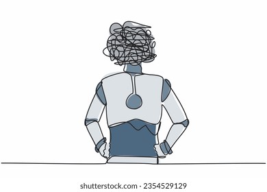 Continuous one line drawing robot with round scribbles instead of head, standing and holding on his hip. Humanoid robot cybernetic. Future robotic development. Single line design vector illustration