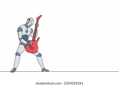 Continuous one line drawing robot guitarist perform playing electric guitar on stage. Humanoid robot cybernetic organism. Future robot development. Single line draw design vector graphic illustration