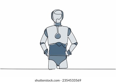 Robot continuo de dibujo de una línea de pie y sosteniendo la mano sobre la cadera. Ciborg de confianza. Robot humanoide organismo cibernético. Desarrollo robótico futuro. Ilustración gráfica vectorial de diseño de línea única
