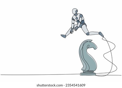 Continuous one line drawing robot jumping over chess horse knight. Brain intelligence sport, tactical movement idea. Future robotic cybernetic development. Single line draw design vector illustration