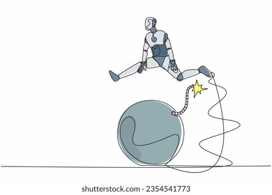 Continuous one line drawing robot jumping over bomb. Explosion of the economic crisis. Increasing unemployment. Humanoid robot cybernetic organism. Single line draw design vector graphic illustration