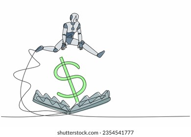 Continuous one line drawing robot jumping over money pitfall with big money dollar symbol. Financial money trap. Humanoid future robot cybernetic organism. Single line draw design vector illustration