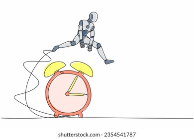Continuous one line drawing robot jump over alarm clock. Business deadline, working time efficiency. Robot cybernetic organism. Future robotic development. Single line draw design vector illustration