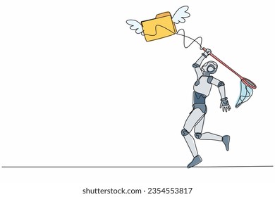 Un robot de dibujo continuo de una línea intenta capturar una carpeta voladora con red de mariposa. Analizando el archivo de archivos y el documento técnico. Robot humanoide organismo cibernético. Ilustración vectorial de diseño de líneas simples