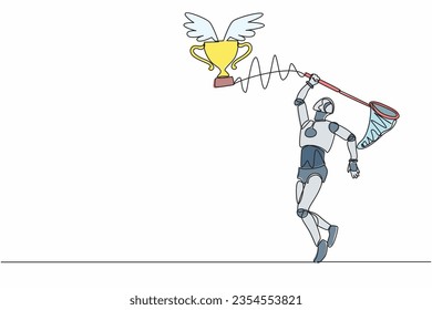 Continuous one line drawing robot try to catching flying trophy with butterfly net. Sport tech game. Victory trophies, awards. Humanoid cybernetic organism. Single line draw design vector illustration