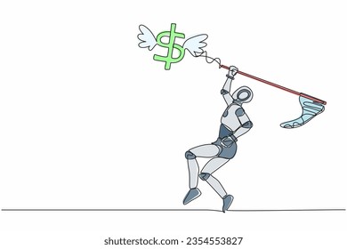 Continuous one line drawing robot try to catching flying dollar sign symbol with butterfly net. Finance economic crisis. Humanoid robot cybernetic organism. Single line draw design vector illustration