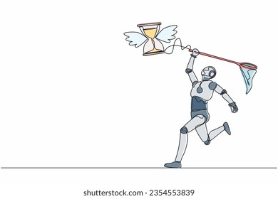 Continuous one line drawing robot try to catching flying hourglass with butterfly net. Stress, deadlines, depression of work. Humanoid cybernetic organism. Single line draw design vector illustration