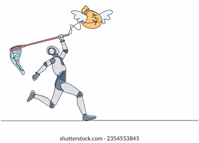 Continuous one line drawing robot try to catch flying money bag with butterfly net. Achieving profit goal for tech development. Robot cybernetic organism. Single line draw design vector illustration