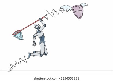 Continuous one line drawing robot try to catching flying shield with butterfly net. Expensive security for tech protection. Humanoid cybernetic organism. Single line graphic design vector illustration