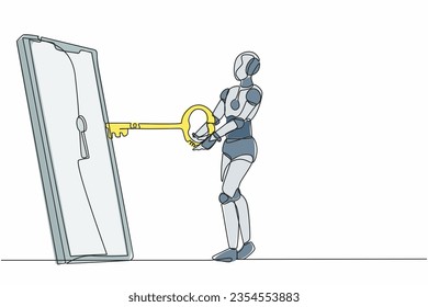 Continuous one line drawing robot put key into smartphone. Data privacy for protect user from hacker. Password security. Humanoid robot cybernetic organism. Single line draw design vector illustration