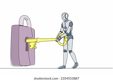 Continuous one line drawing robot putting big key into padlock. Business security, private property protection. Humanoid robot cybernetic organism. Single line draw design vector graphic illustration