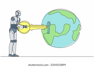 Continuous one line drawing robot putting key into globe. Global warming alert for ecosystem around the world. Humanoid robot cybernetic organism. Single line draw design vector graphic illustration