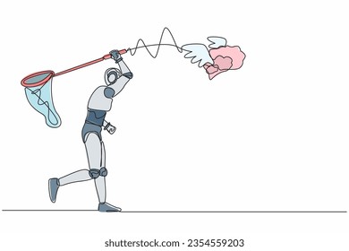 Continuous one line drawing robot try to catch flying brain with butterfly net. Genius idea for robot brain healthcare. Robot cybernetic organism. Single line draw design vector graphic illustration