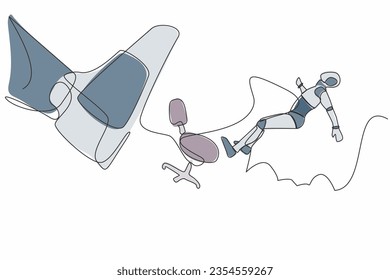 Continuous one line drawing of robot kicked out by big foot from chair. Staff reduction. Humanoid cybernetic organism. Future robotic development. Single line draw design vector graphic illustration