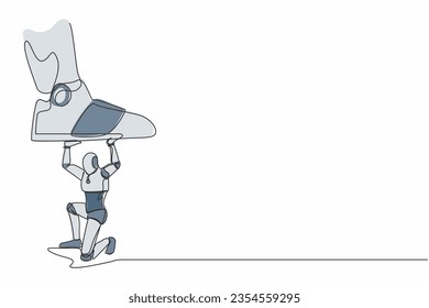 Continuous one line drawing robot under giant feet stomping. Violence of dictator toward tiny robot, big shoes crush machine. Humanoid cybernetic organism. Single line draw design vector illustration