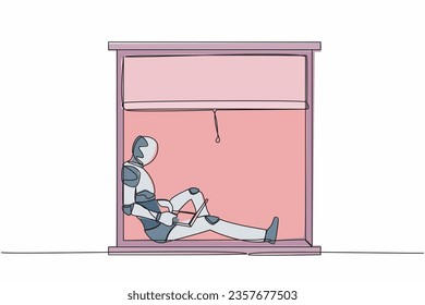 Robot de dibujo continuo de una línea, independiente, sentado en el umbral de la ventana, trabajando con laptop. Trabajo remoto desde casa. Organo robot humanoide. Robótica futura. Ilustración vectorial de diseño gráfico de una sola línea