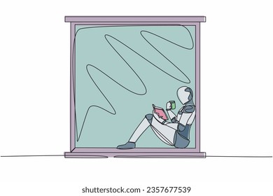 Continuous one line drawing robot on windowsill with cup of hot coffee or tea, reading book. Enjoying a day in window. Humanoid robot cybernetic organism. Single line draw design vector illustration