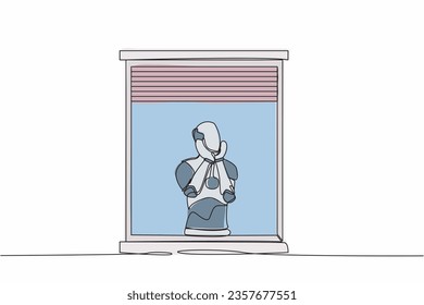Robot continuo de dibujo de una línea tristemente con apoyo a la barbilla cerca de la ventana. Impacto del coronavirus en los negocios tecnológicos. Robot humanoide organismo cibernético. ilustración vectorial de diseño de línea única