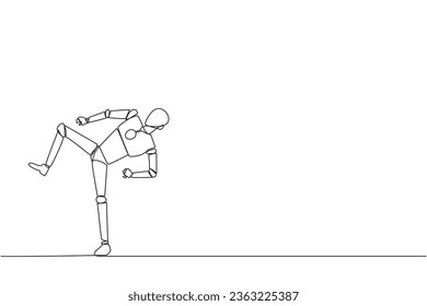 Continuous one line drawing robot doing taekwondo movements. Kicking motion. Strong legs. Keeping business with sport. Keep healthy stay strong. AI tech. Single line draw design vector illustration