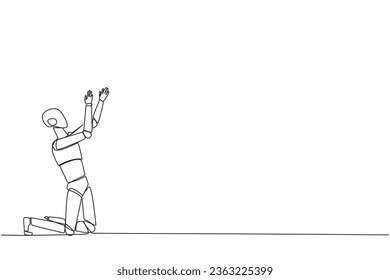 Continuous one line drawing robot kneeling raising hands to pray. Praying to make it easier to do business. The robot lost hope. Surrender. Sadness. Tech. Single line draw design vector illustration