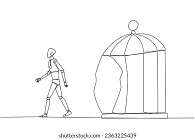 Continuous one line drawing robot trapped in cage and walking penetrate cage. Metaphor seeking new challenges and experiences for better future. AI tech. Single line draw design vector illustration