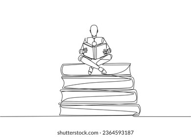 Continuous one line drawing robot sitting relax reading book on pile of books. Relax while reading fiction book. Enjoy storyline. Book festival concept. Single line draw design vector illustration