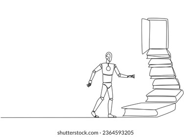 Continuous one line drawing robot climb stairs from the book stack. Towards the wide open door. Metaphor of finding the answers from books. Book festival. Single line draw design vector illustration