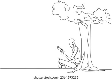 Continuous one line drawing robot sitting reading book under shady tree. Continuing second volume of the fiction story book. Enjoy reading. Book festival. Single line draw design vector illustration