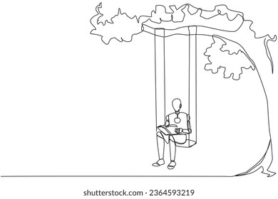 Continuous one line drawing robot sitting on a swing attached to a tree reading a book. Really enjoyed the storyline of the fiction book. Book festival. Single line draw design vector illustration