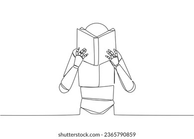 Continuous one line drawing robot seriously reading book until cover the face. Nervous when facing the final exams. Try to focus. Reading increase insight. Single line draw design vector illustration