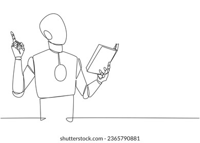 Robot continuo de dibujo de una línea parado leyendo libro. El gesto tiene idea. El libro puede verse desde diferentes puntos de vista. Brillante idea de leer un libro. Ilustración vectorial de diseño de líneas simples