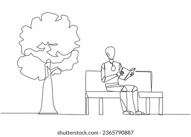 Continuous one line drawing robot sitting on park bench reading book. Learn by re-reading textbook. Read to get maximum marks. Reading increase insight. Single line draw design vector illustration