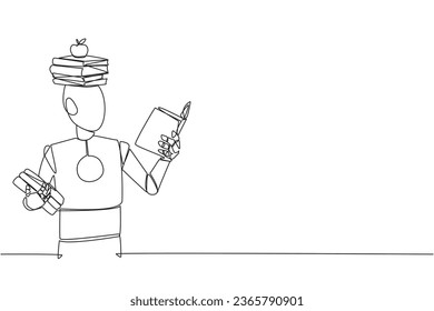 Continuous one line drawing robot reading book practicing balance. Stack books on top of head along with the apple. Balancing reading rhythm, train focus. Single line draw design vector illustration