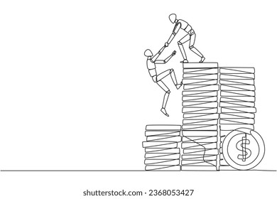 El robot de dibujo continuo de una línea ayuda a los compañeros a subir un montón de monedas. La metáfora ayuda a alcanzar los objetivos financieros antes de la jubilación. Trabajo en equipo. Ilustración vectorial de diseño de líneas simples