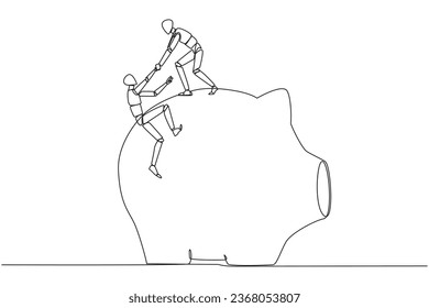 Continuous one line drawing robot helps colleague climb the big piggy bank. Remind each other in kindness. Investment for the future. Super great teamwork. Single line draw design vector illustration